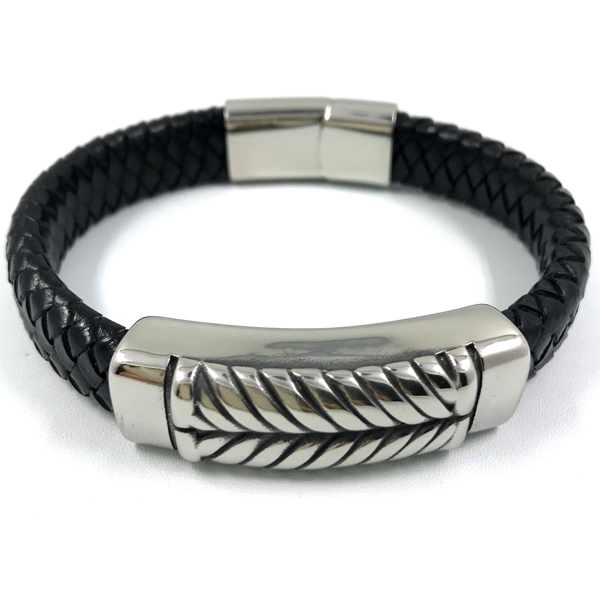 Kirurginteräsrannekoru, Black Chunky Leather Bracelet with Stainless Steel