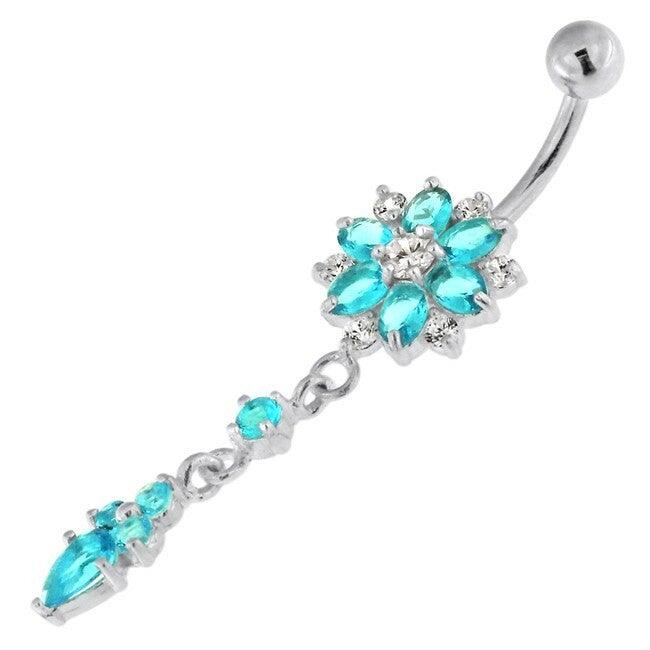 Hopeinen napakoru titaanivarrella, Dangly CZ Flower in Turqoise