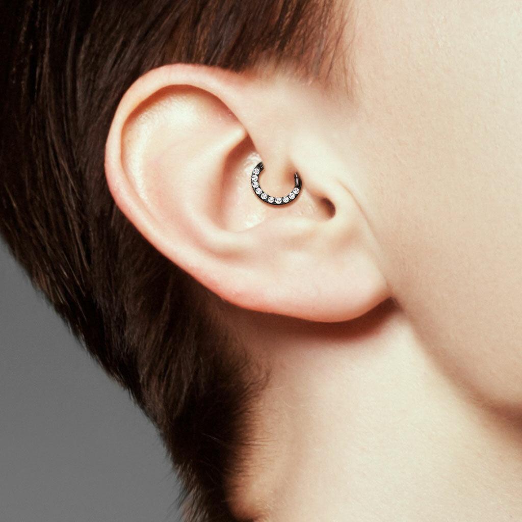 Lävistysrengas, Front Facing Titanium Hinged Hoop Ring with CZ in Gold