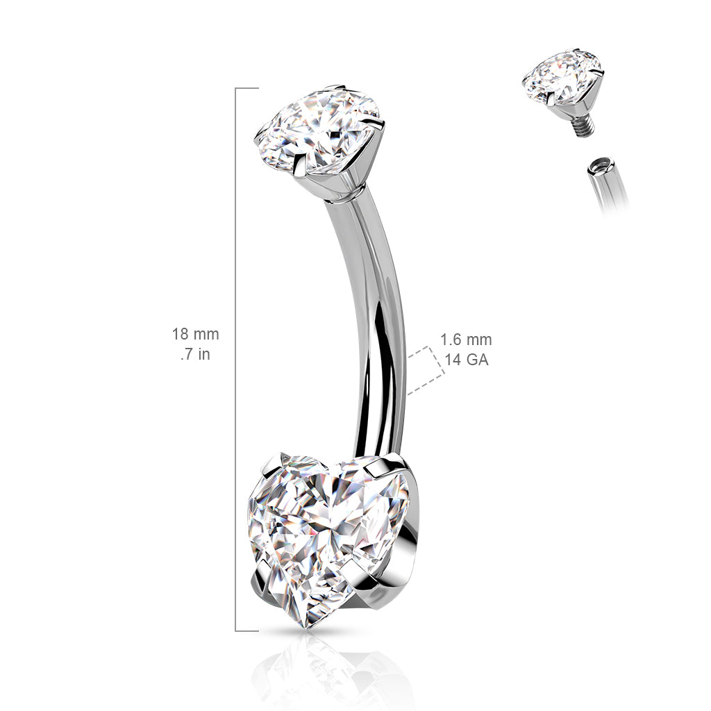 Belly button, Titanium Prong Set Heart CZ -clear heart belly button