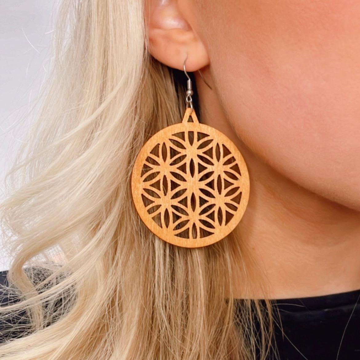 Wooden earrings, Simple Mandala brown lace earrings