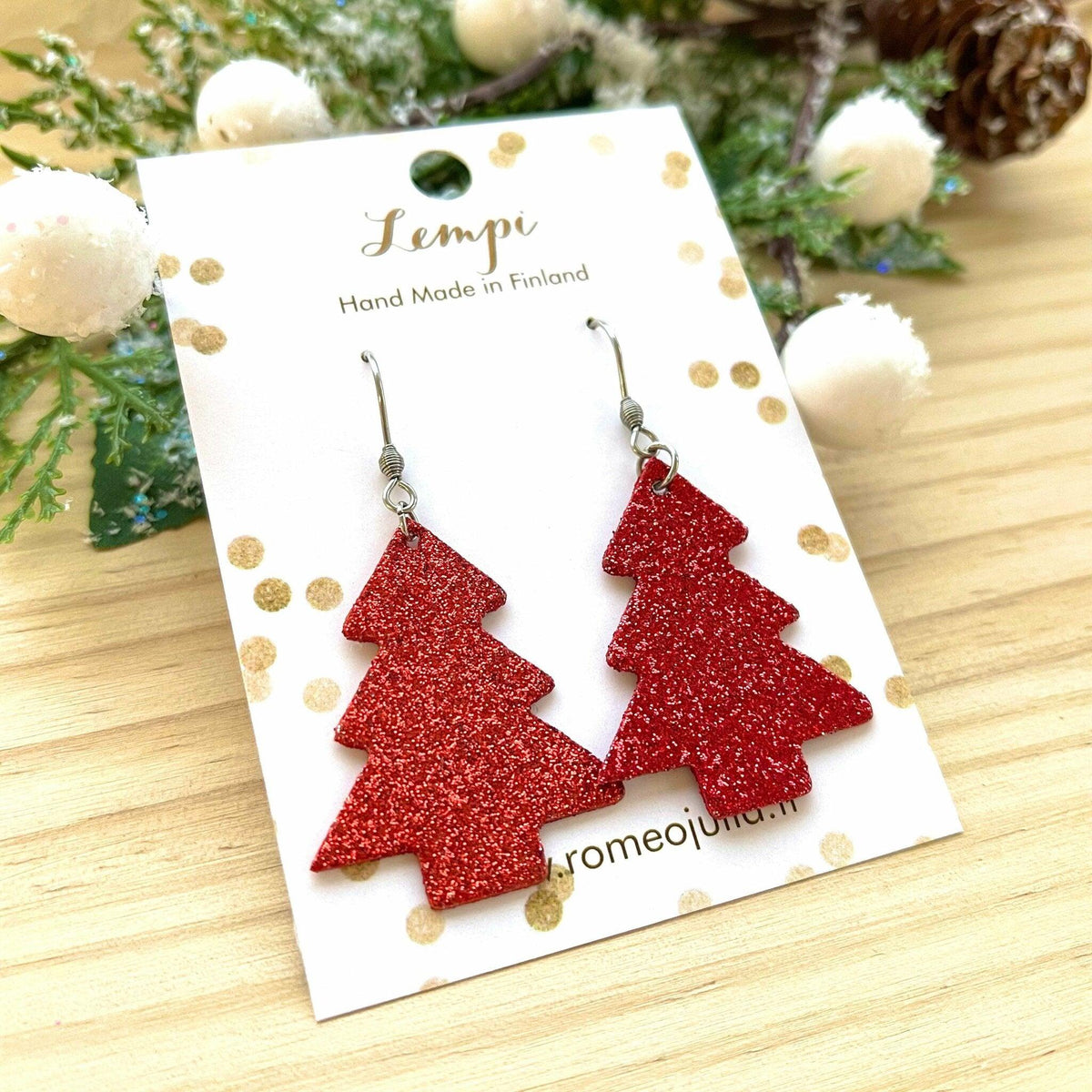 LEMPI earrings, Christmas tree (red glitter)