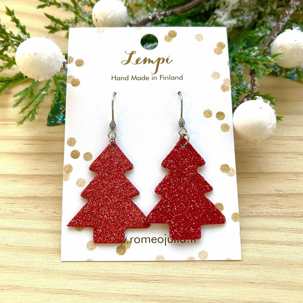 LEMPI earrings, Christmas tree (red glitter)