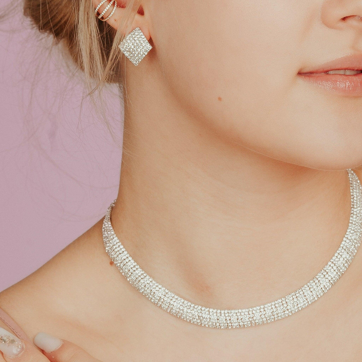 Rhinestone earrings, ROMANCE|Thalia silver-colored party earrings