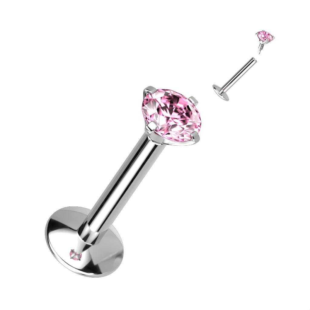 Labret 1,2mm, Titanium Round Medium 3mm CZ in Pink (erikoispitkä sisäkierre)