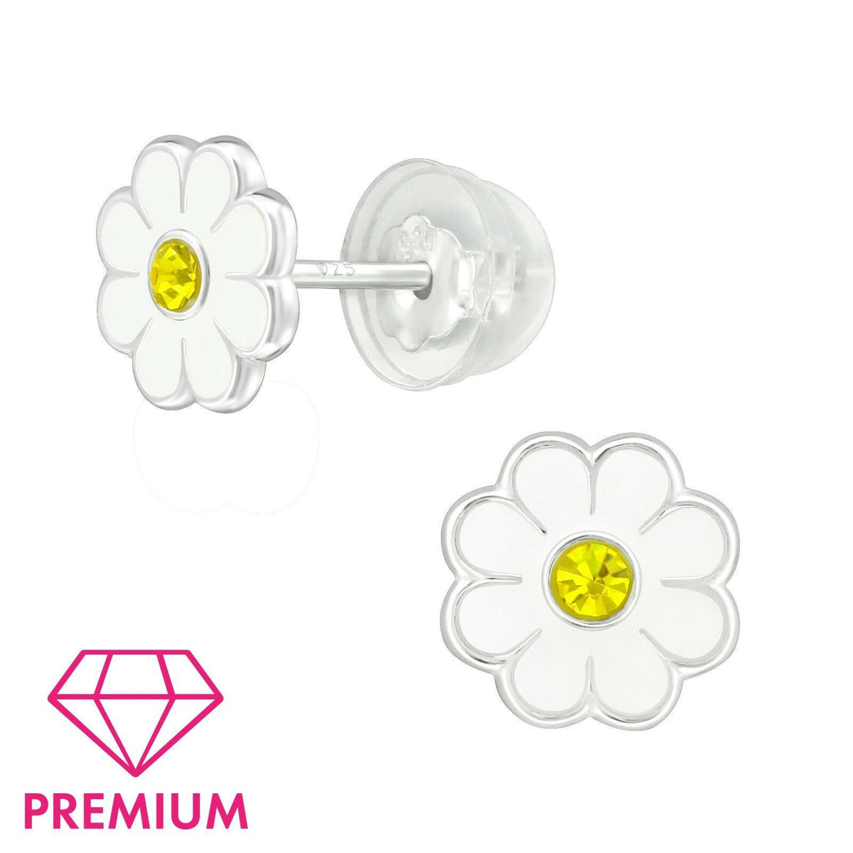 Lasten premium hopeanapit, White Daisy -valkoiset kukkakorvakorut