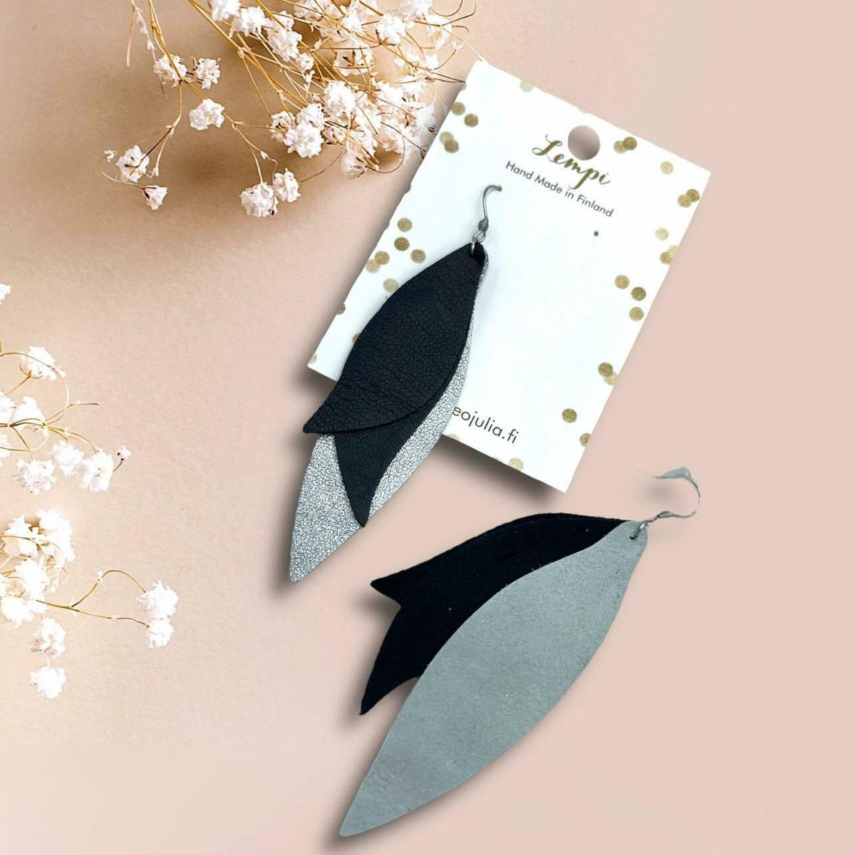 LEMPI® earrings, Wings (titanium - black, leather)