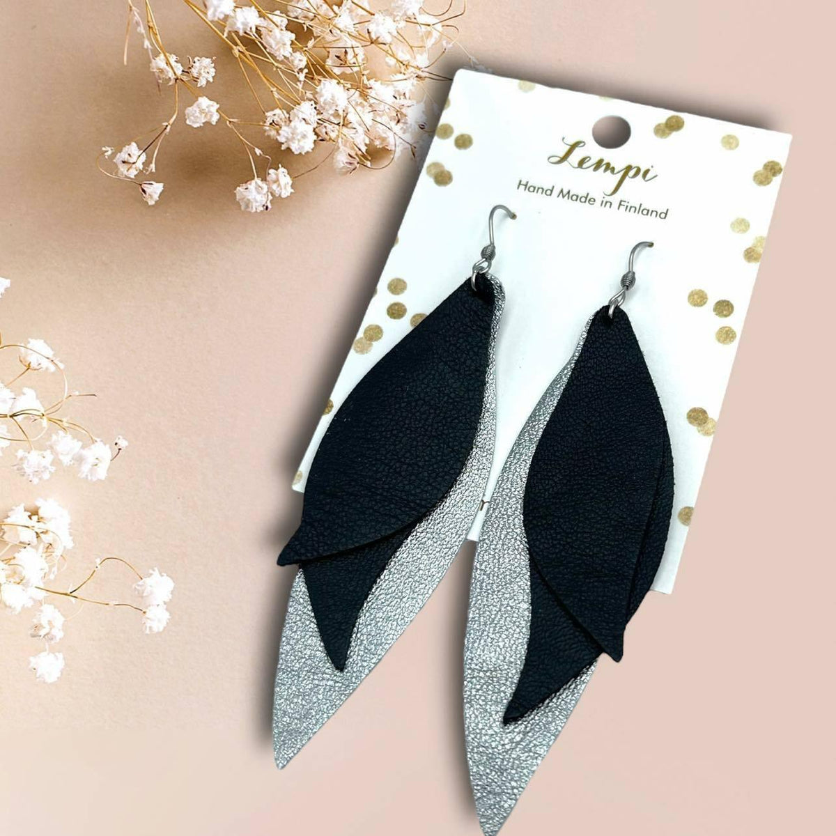 LEMPI® earrings, Wings (titanium - black, leather)