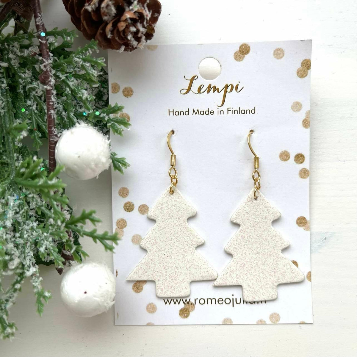 LEMPI earrings, Christmas tree (white glitter)