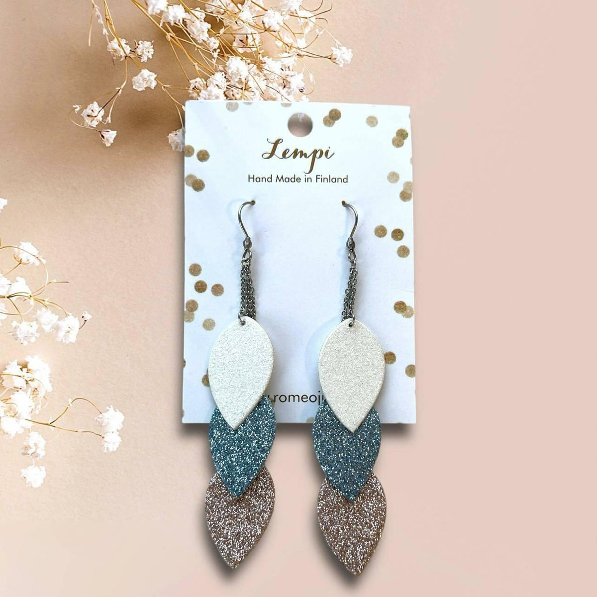 LEMPI® earrings, Delicate Leaves (3-piece, glitter pastel)
