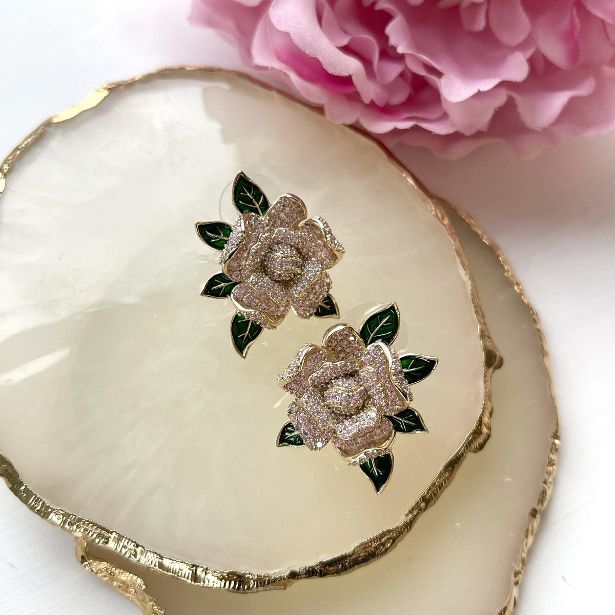ROMANCE | Allure pink rose flower party earrings