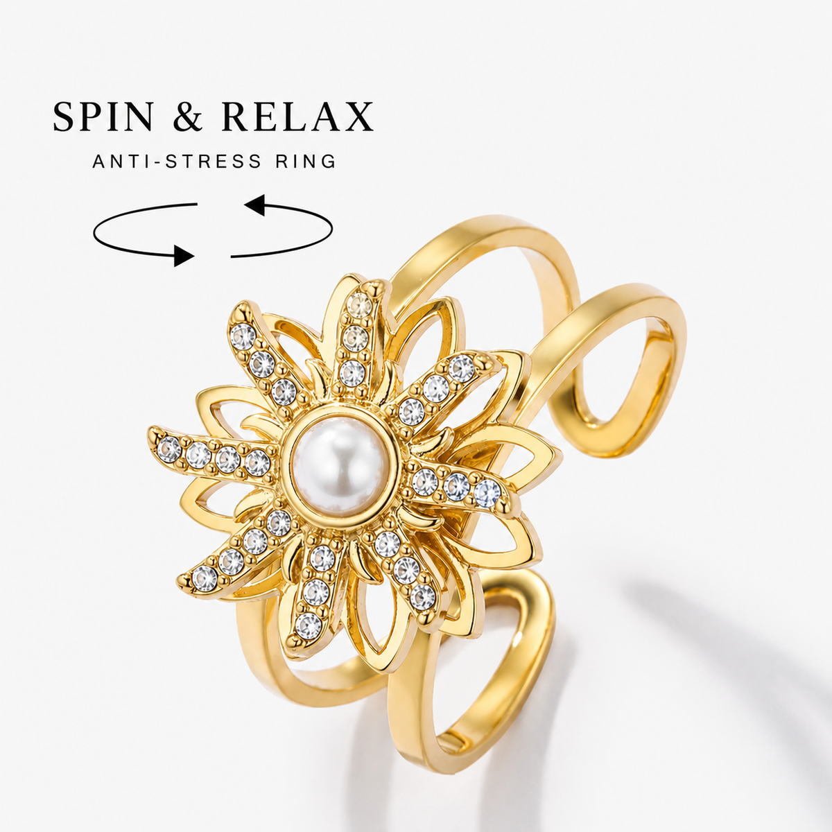 Kultainen ÉLINE L’ATELIER Fleur Spin pyörivä anti-stress-sormus kukkakoristeella