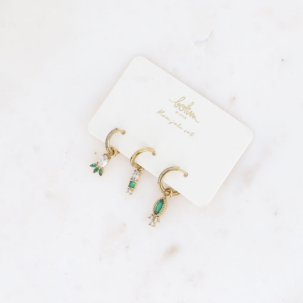 BOHM PARIS | Alma Verde – 3-piece earring set (green & clear, gold)