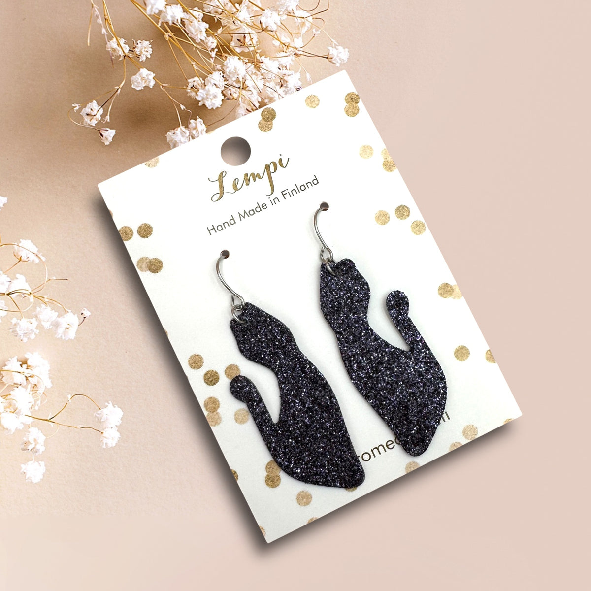 LEMPI® earrings, Cat flirting (carbon black glitter)
