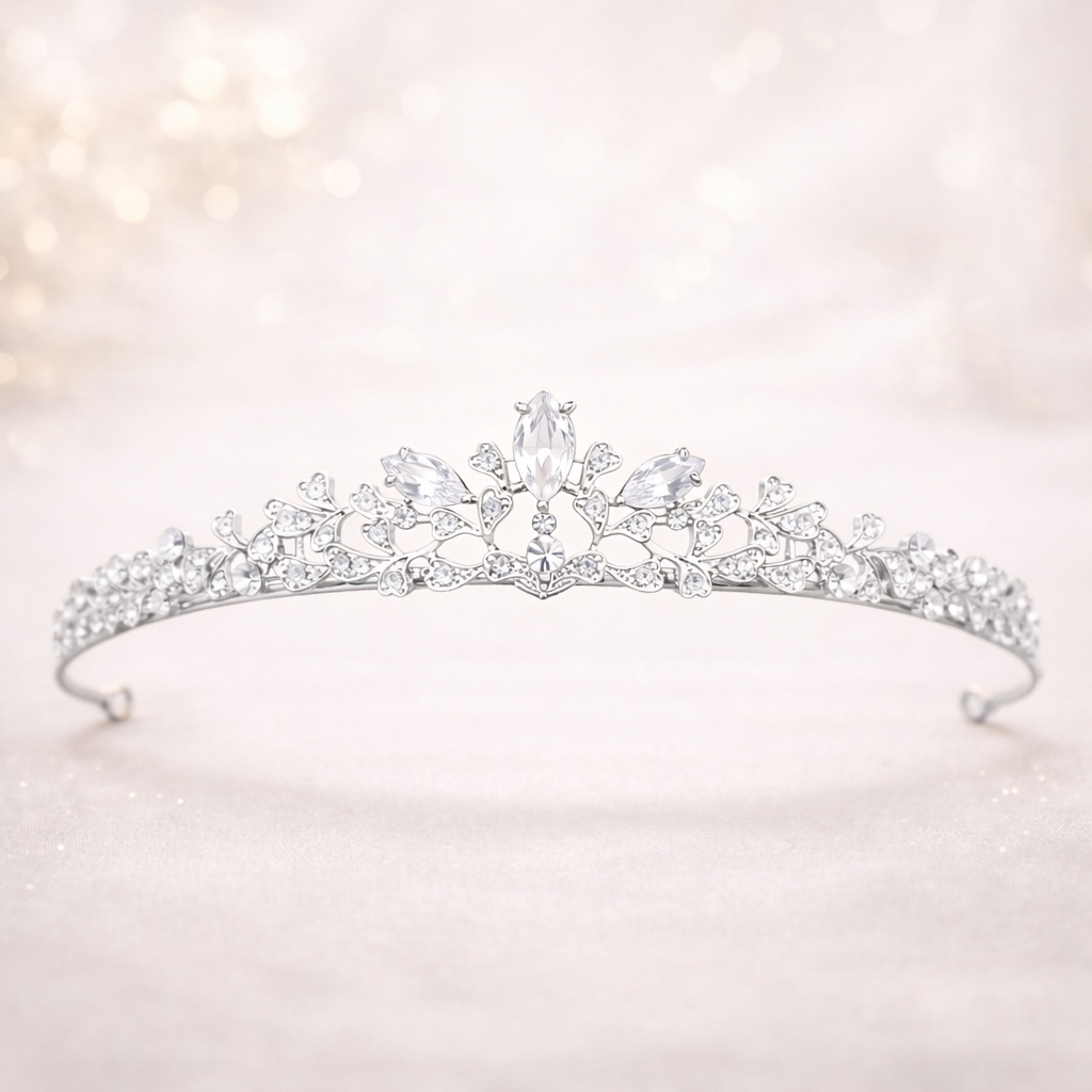 Hopeanvärinen ROMANCE Vivienne -tiara kampauksessa – ajaton tiara korukivillä ja cubic zirconioilla