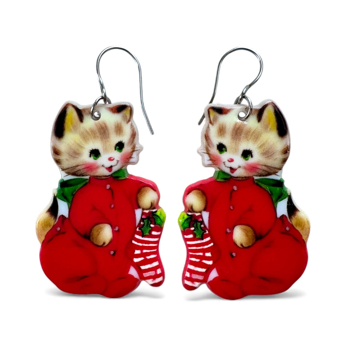 Cozy Kitty – suloiset joulukissakorvakorut retrohenkisellä kuvituksella, kevyet kirurginteräskoukut