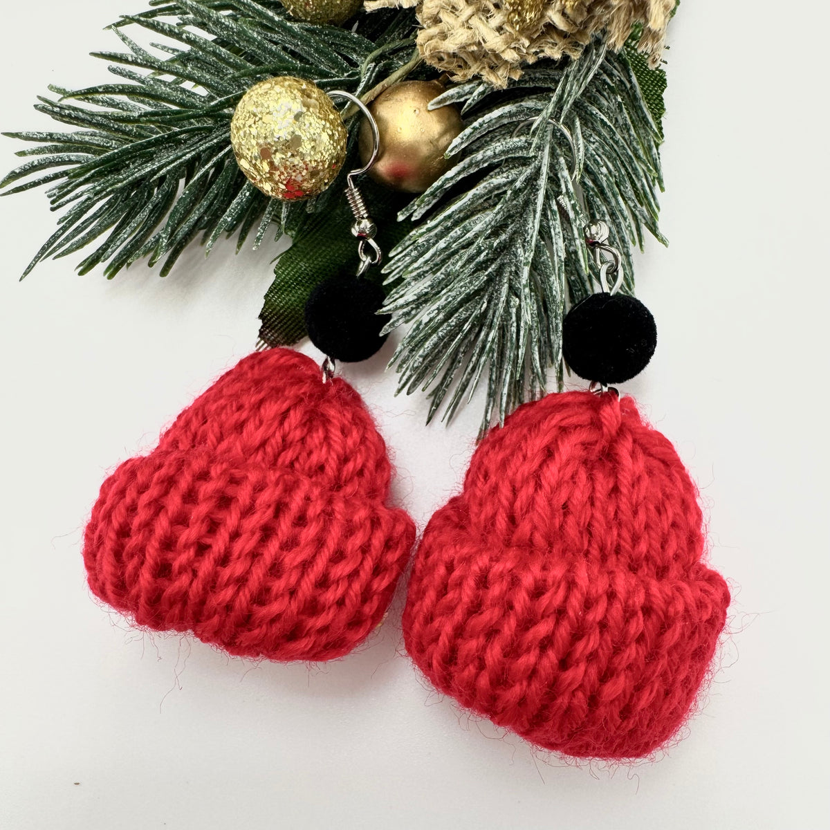 Red Winter Beanie – red Christmas earrings