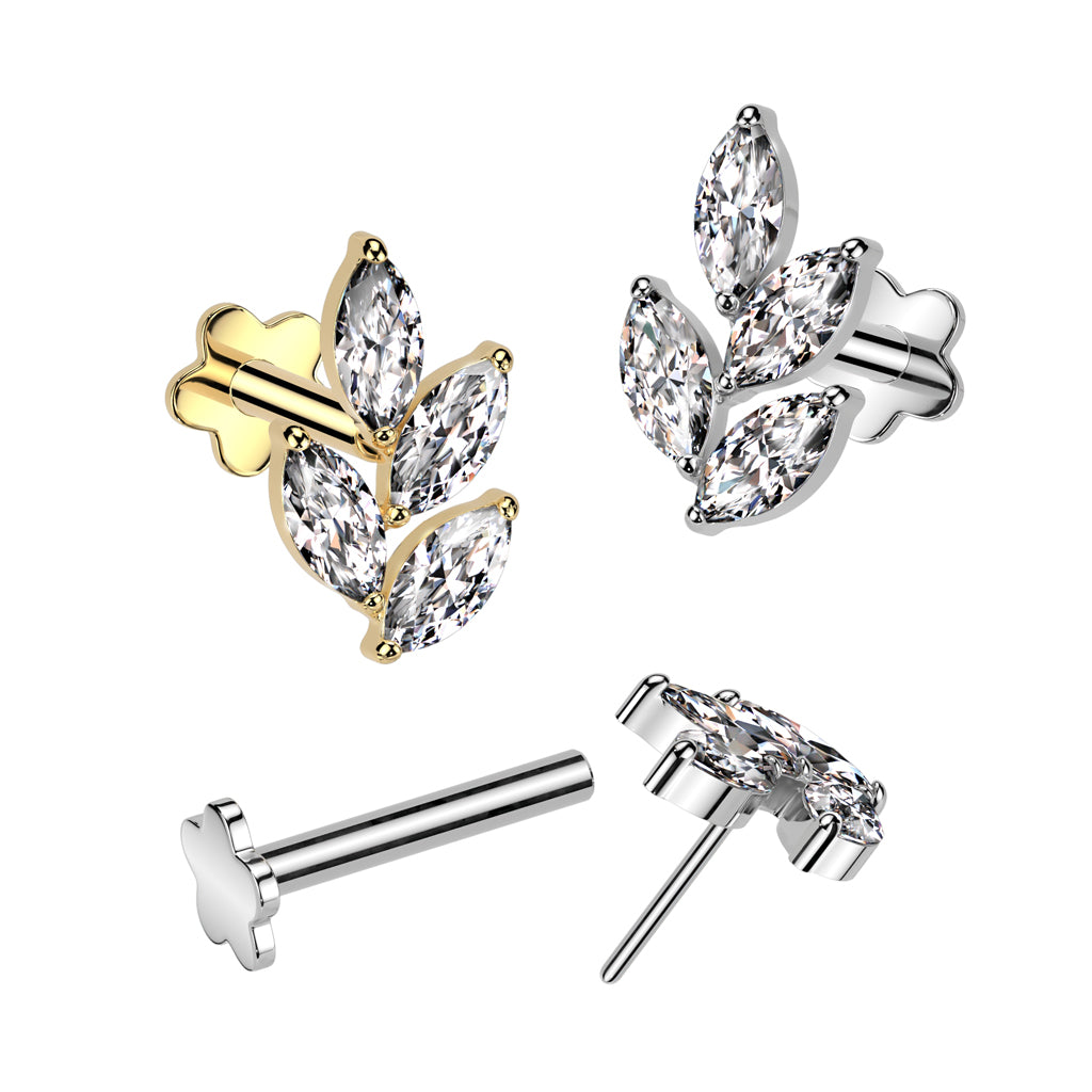 Labret 1,2mm, Titanium Crystal Leaf –lehtimäinen kristallikoru titaanista (kulta)