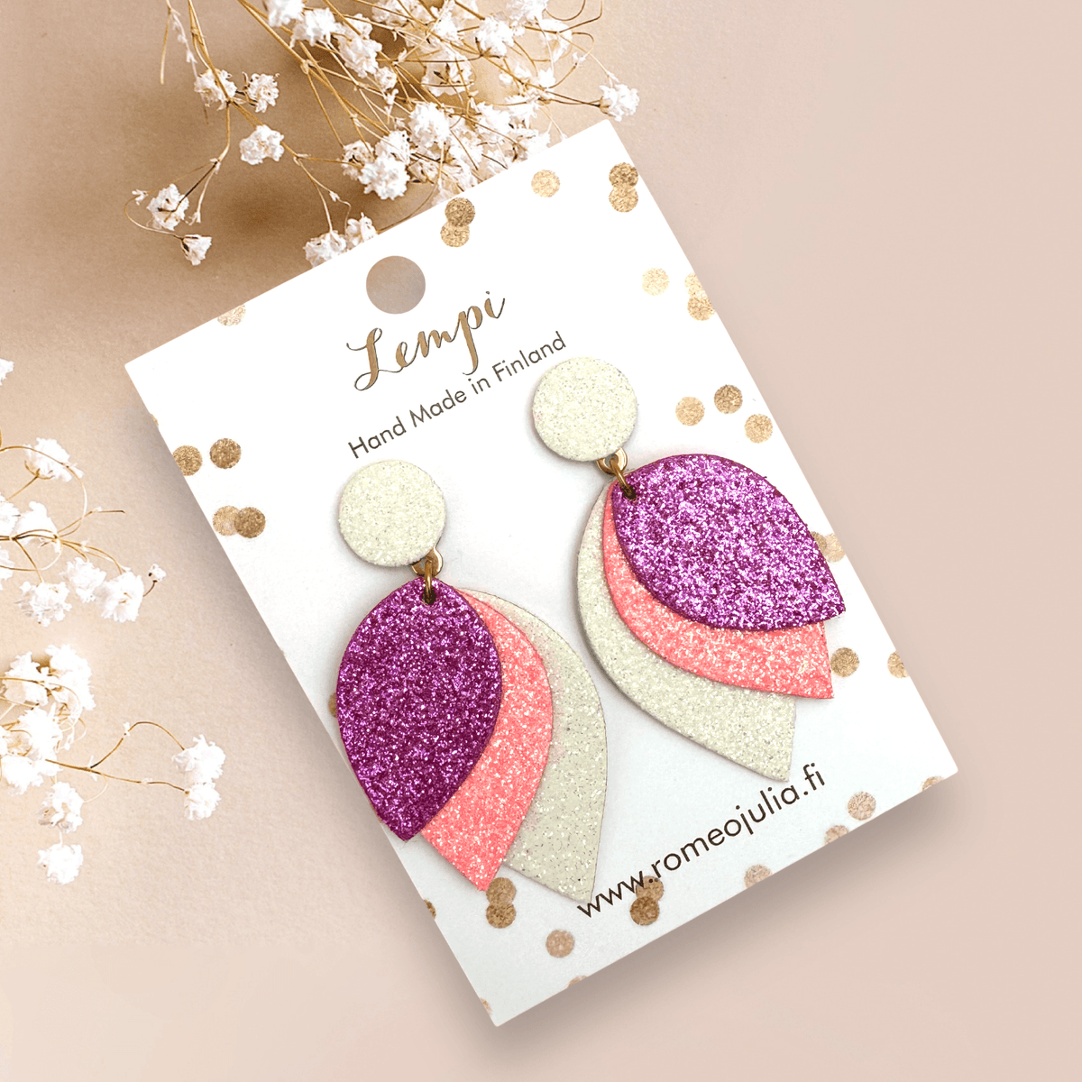 LEMPI® earrings, Glow (white-pink glitter)