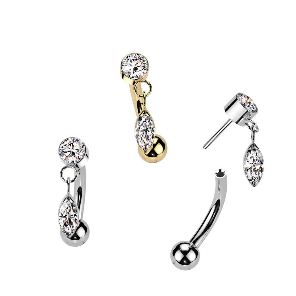 Curved Barbell 1,2mm, Titanium Crystaldrop – klassinen kristalli roikkuvalla yksityiskohdalla (kulta)