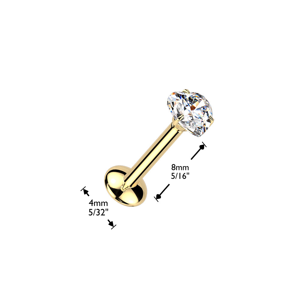Titaanilabret 1,2mm, Amoria – sydämenmuotoinen moissaniitti (24K kulta PVD, push in)