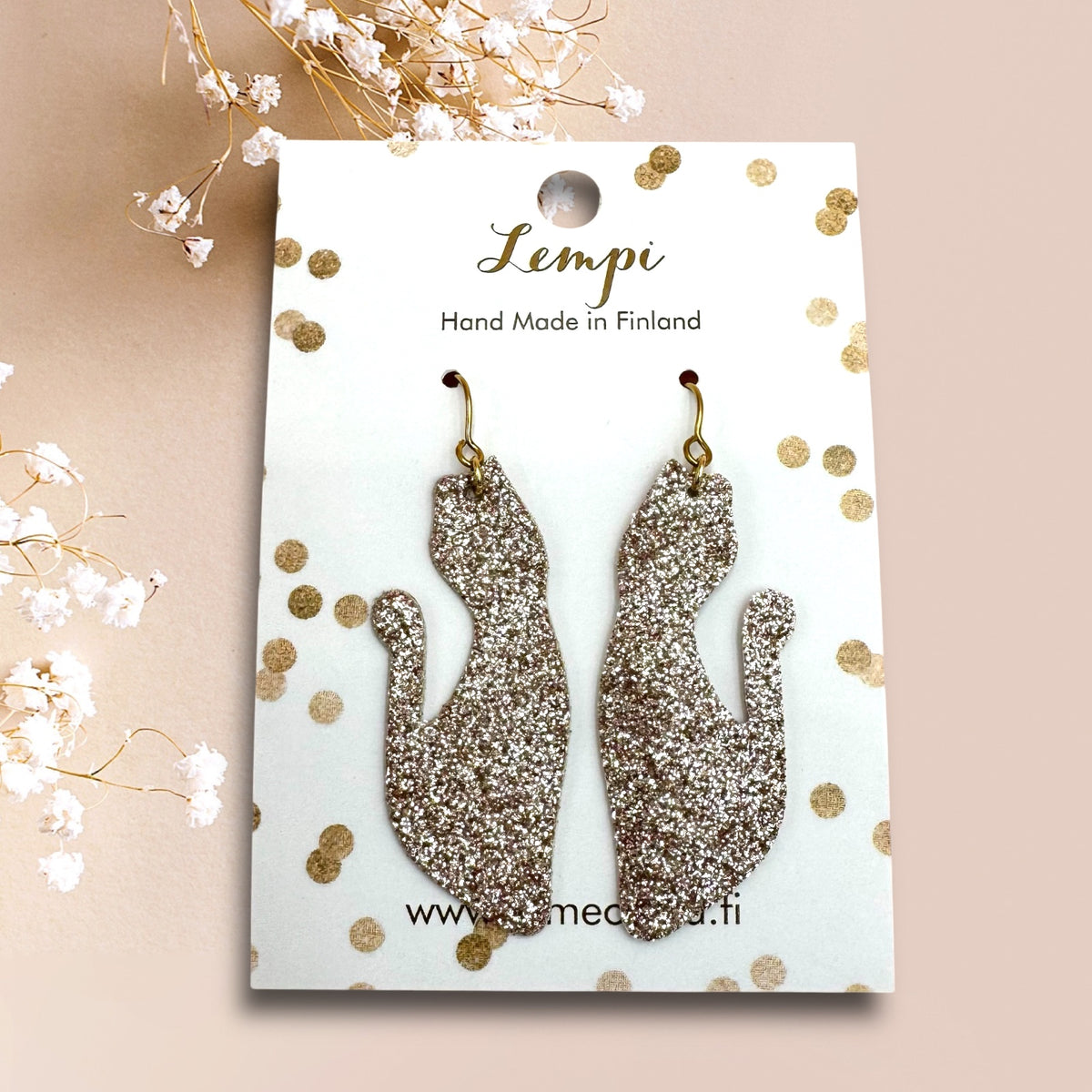 LEMPI® earrings, Cat flirting (rose gold glitter)