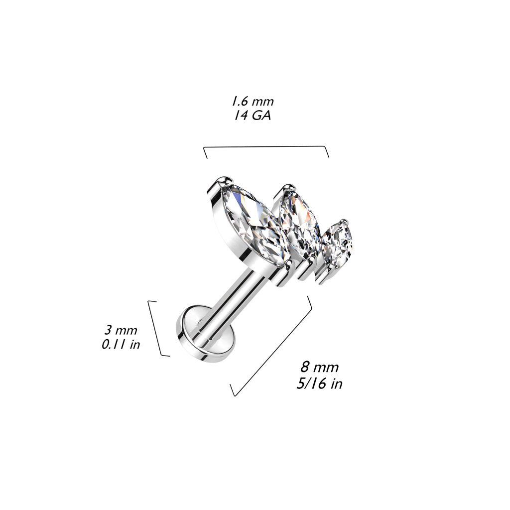 Labret 1,2mm, Titanium Crystal Vine – lehtimäinen kristallikoru titaanista (push in, hopea)