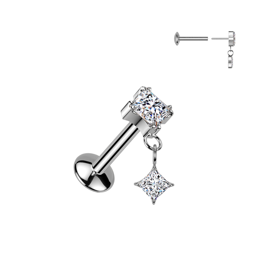 Labret 1,2mm, Titanium Lumen Drop – neliö koristeella varustettu titaanikoru (hopea)