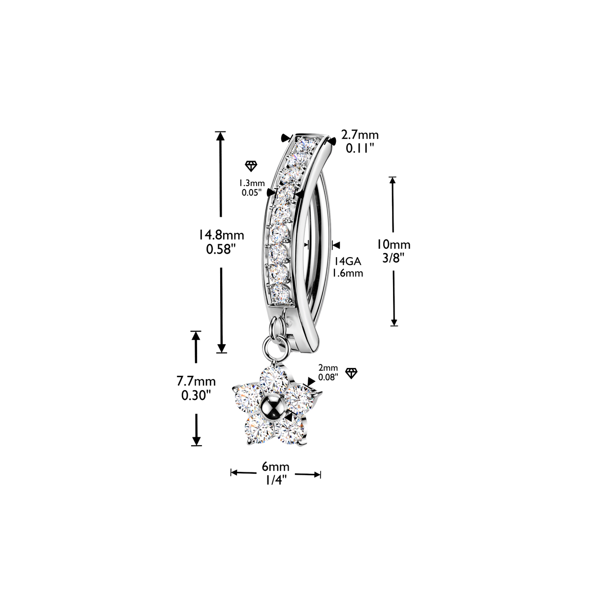 Siro clicker-naparengas kirkkailla Cubic Zirconia -kristalleilla -kuvassa mitat