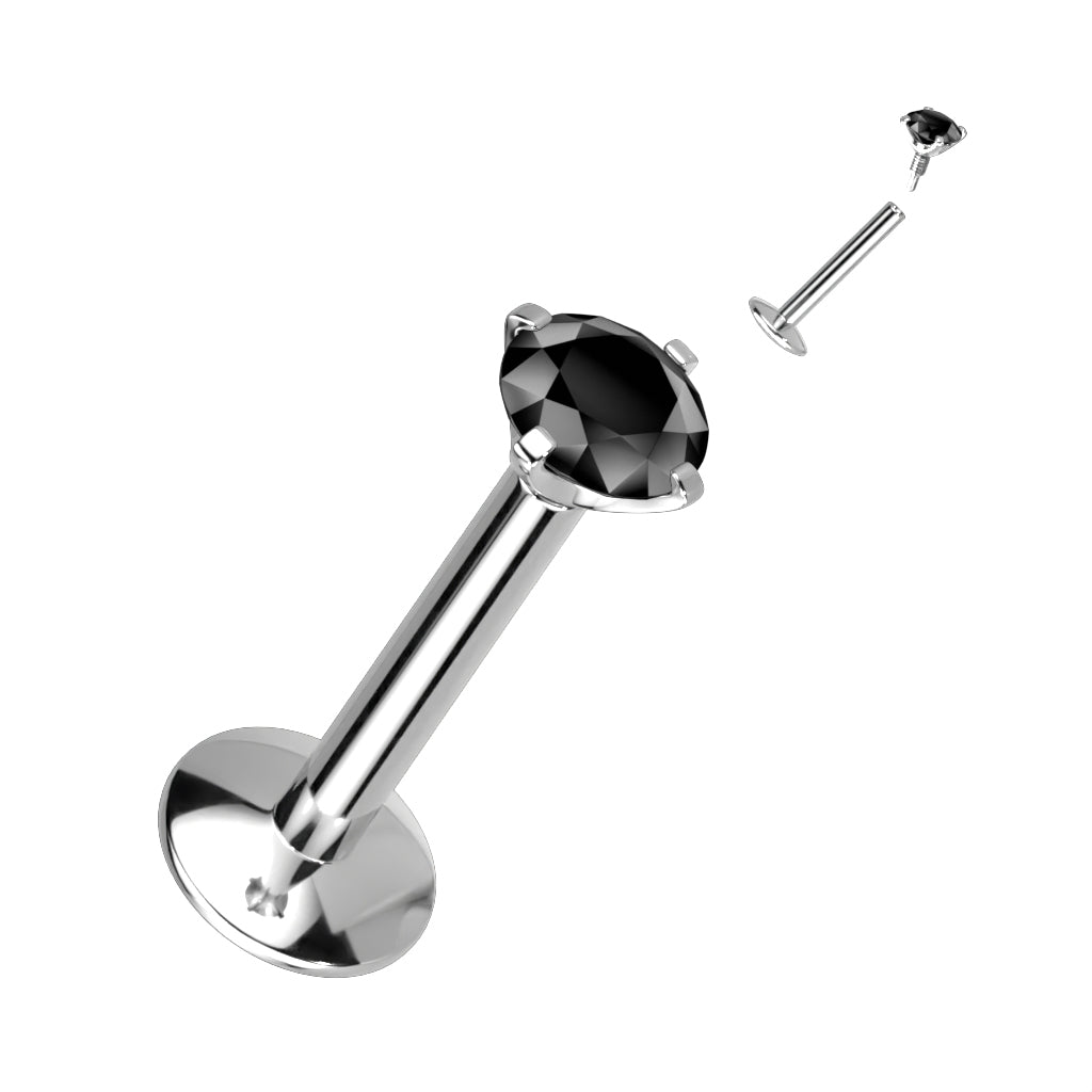Labret 1,2mm, Titanium Round Medium 3mm CZ in Black (erikoispitkä sisäkierre)