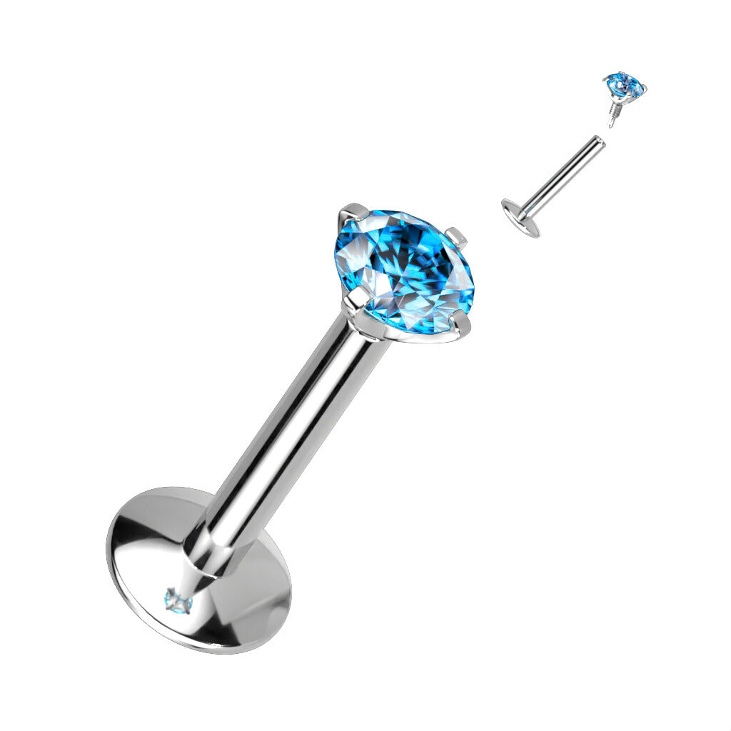 Labret 1,2mm Titanium Round Medium 3mm CZ in Blue (erikoispitkä sisäkierre)