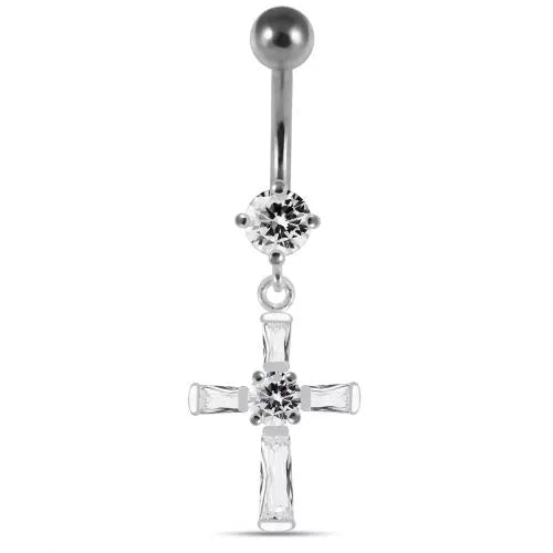 Titanium navel necklace, Celestial Cross – silver-colored crystal cross