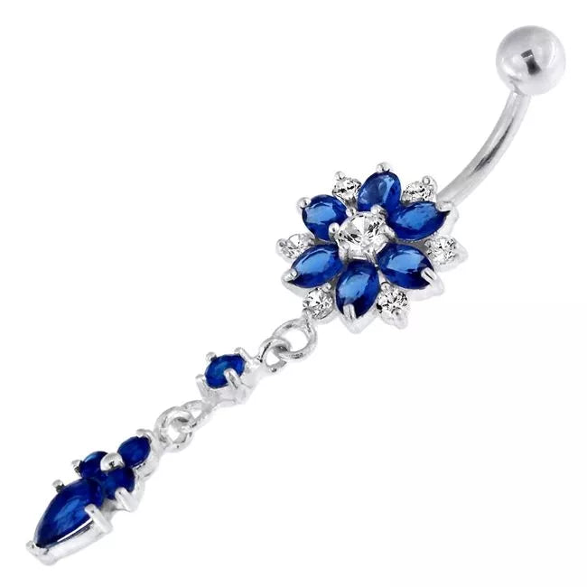 Titanium navel necklace, Audrey -dark blue dangling flower navel necklace
