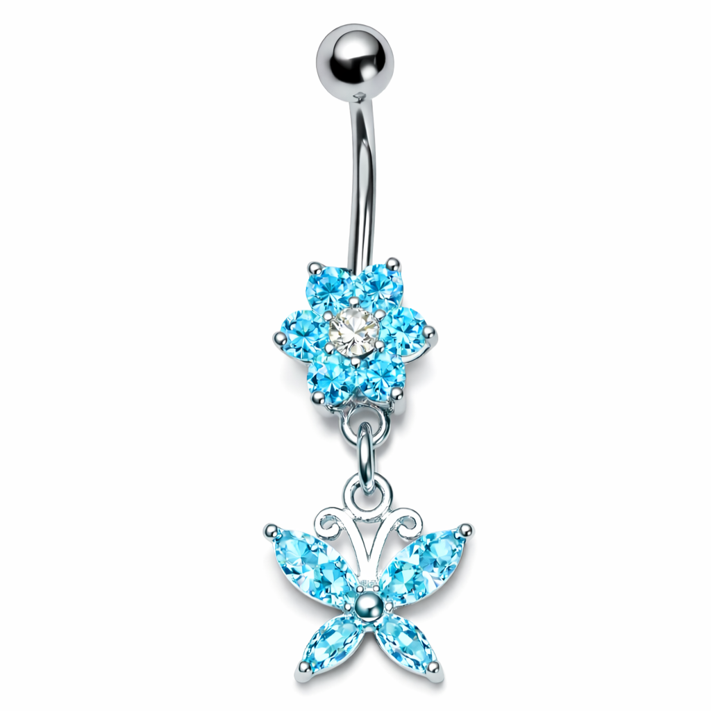 Titanium belly button ring, Belisse – flower and butterfly decoration with turquoise stones
