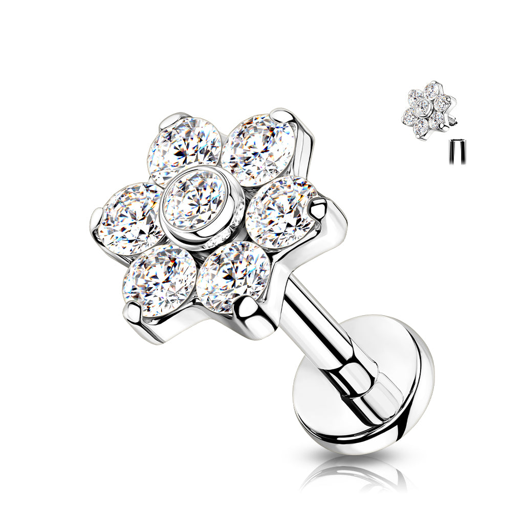 Labret 1,2mm, Titanium Crystal Bloom – kirkaskivinen kukkakoristeinen titaanikoru (hopea)