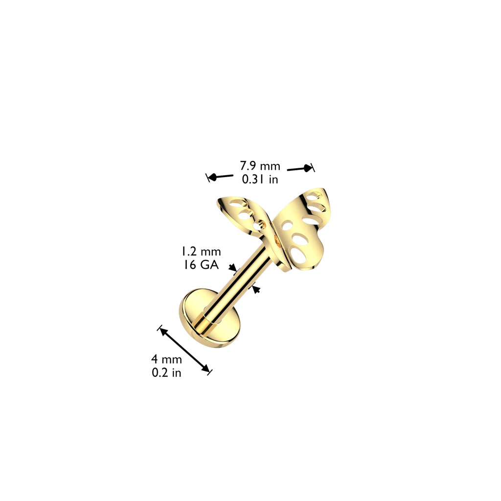 Labret 1,2mm, Titanium Lacewing – pitsimäinen perhoskoristeinen titaanikoru (hopea)