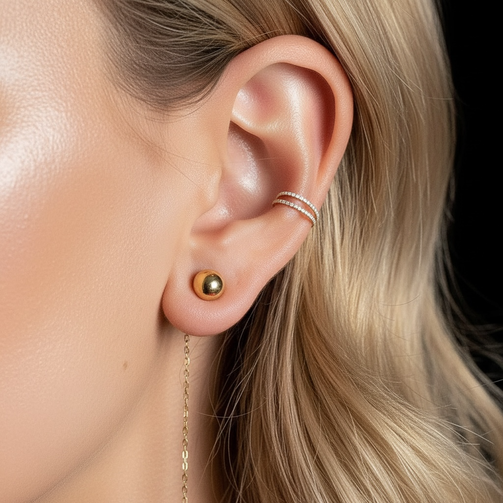 Lävistysrengas, Titanium Double CZ Line in Gold -kaksirivinen rengas
