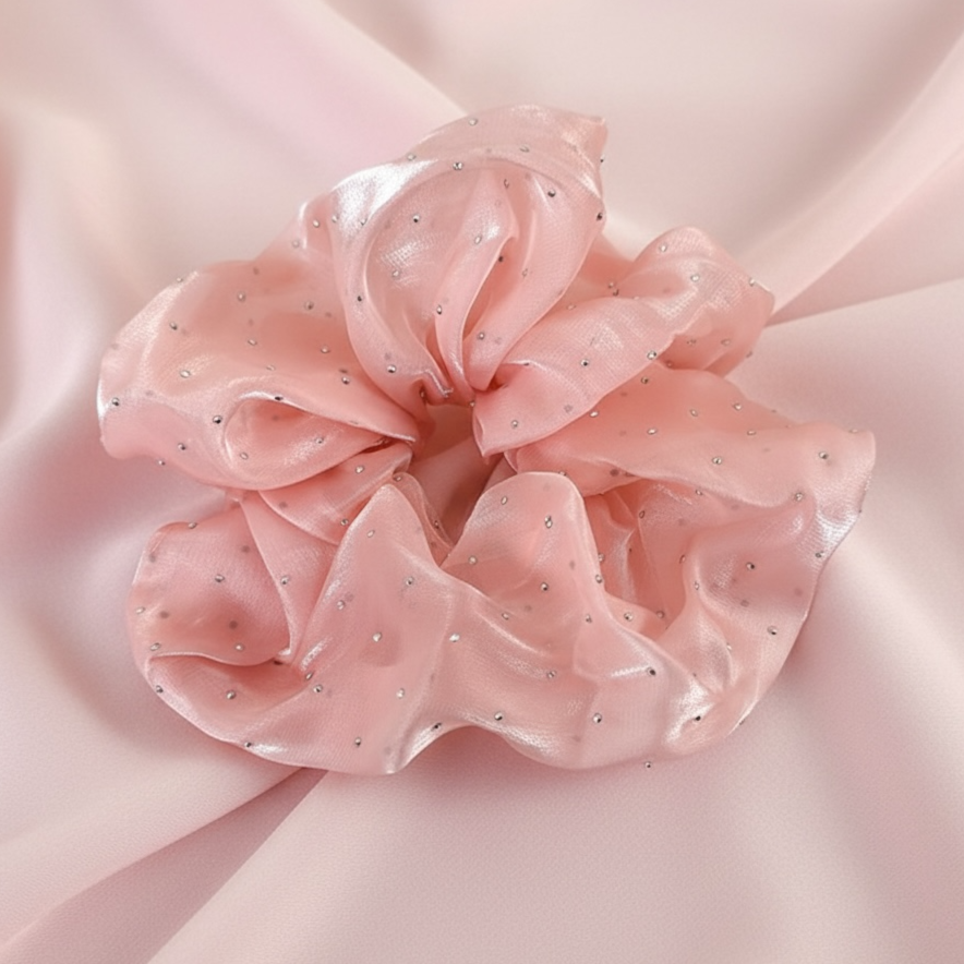 SUGAR SUGAR® | Starlight scrunchie – vaaleanpunainen kimaltava hiusdonitsi (XL)