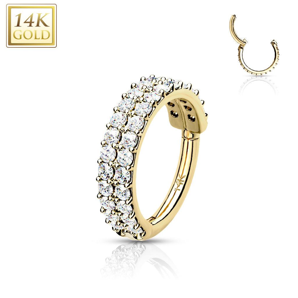 Lävistysrengas Ø10mm, 14K Gold Double Line CZ Hinged Ring -kultarengas