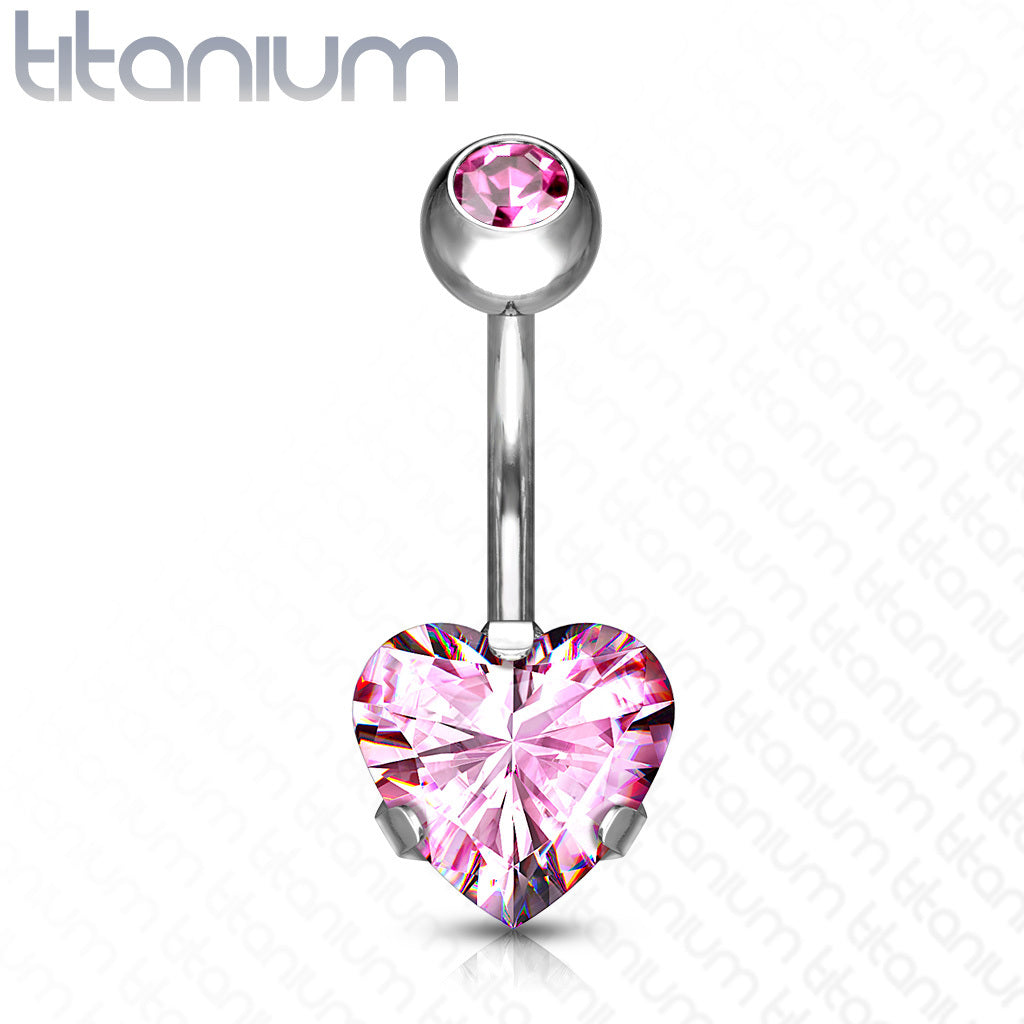 Navel jewelry, Implant Grade Titanium Prong Set Heart CZ in Pink