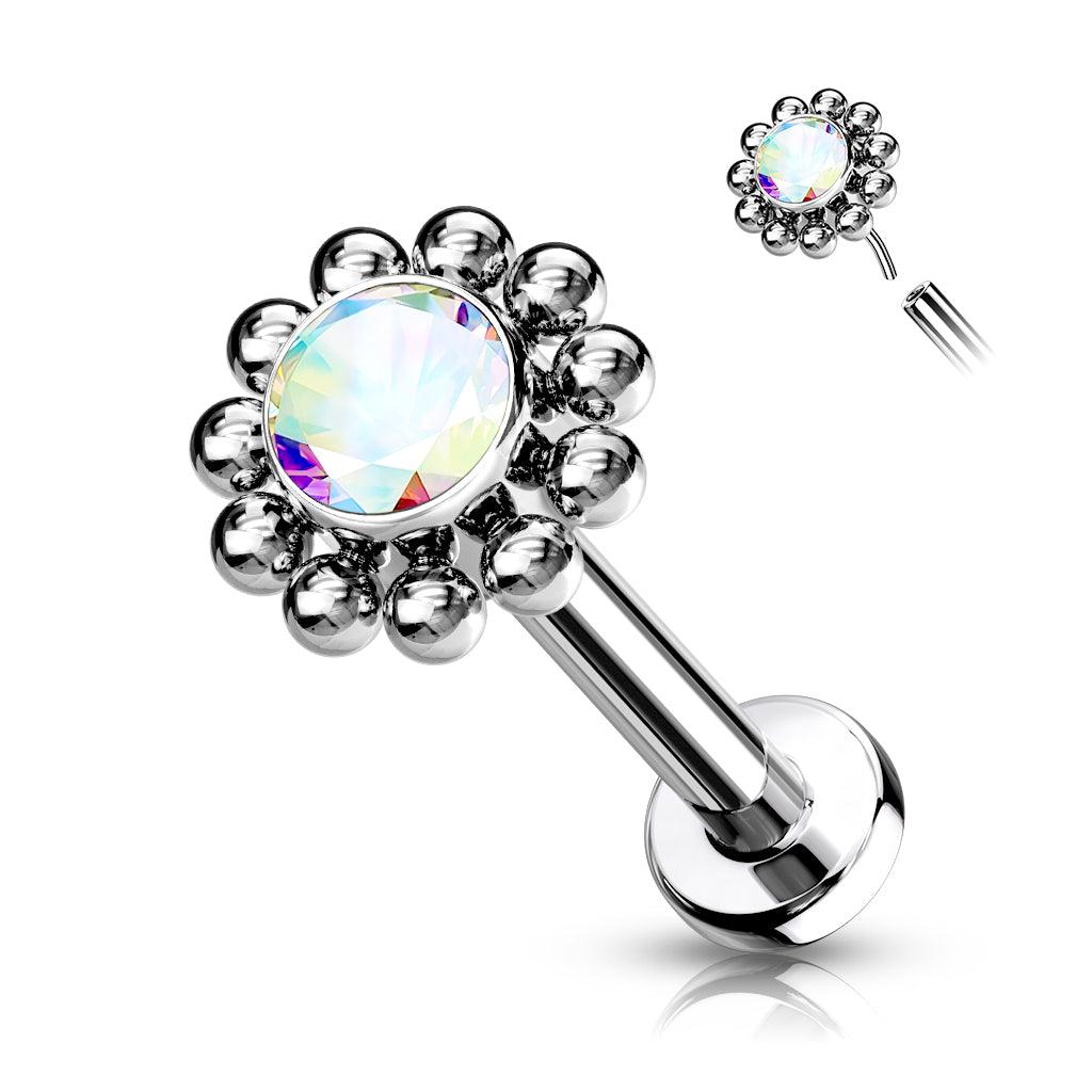 Titanium labret 1mm, Crystal Blossom push in, AB crystal