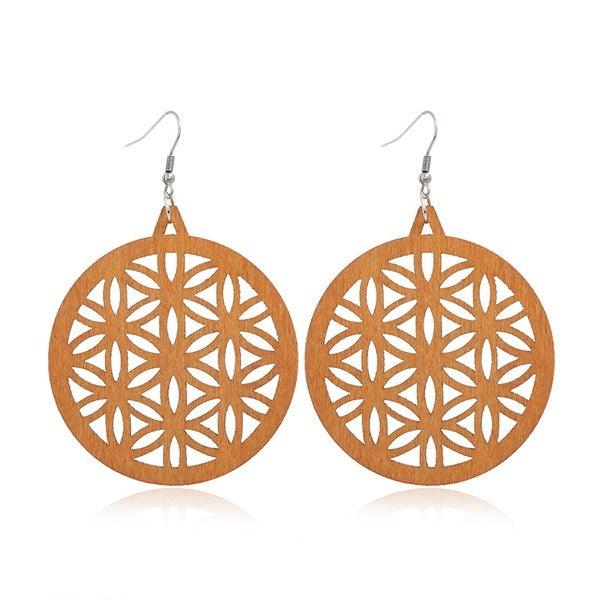 Wooden earrings, Simple Mandala brown lace earrings