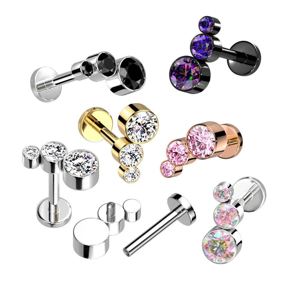 Titanium cartilage/tragus jewelry, Triple CZ sparkling labret (rose gold)