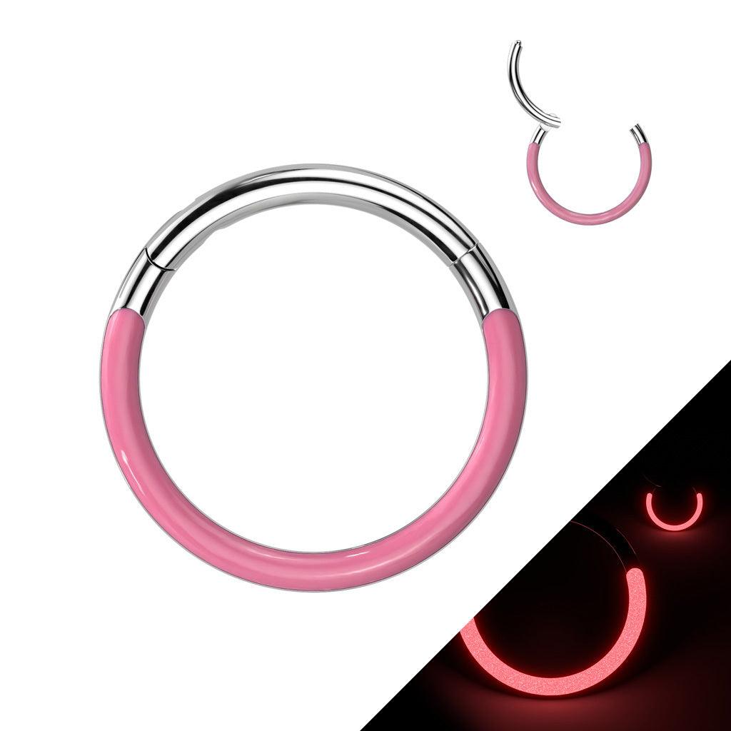 Titaaninen lävistysrengas 1,2mm, Front Glow -pimeässä hohtava (pinkki)