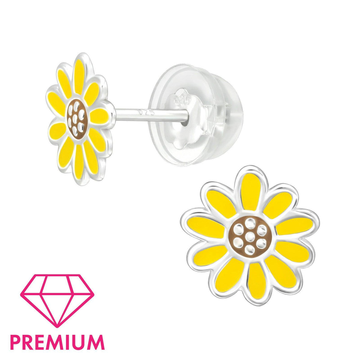 Lasten premium hopeanapit, Yellow Daisy -keltaiset kukkakorvakorut