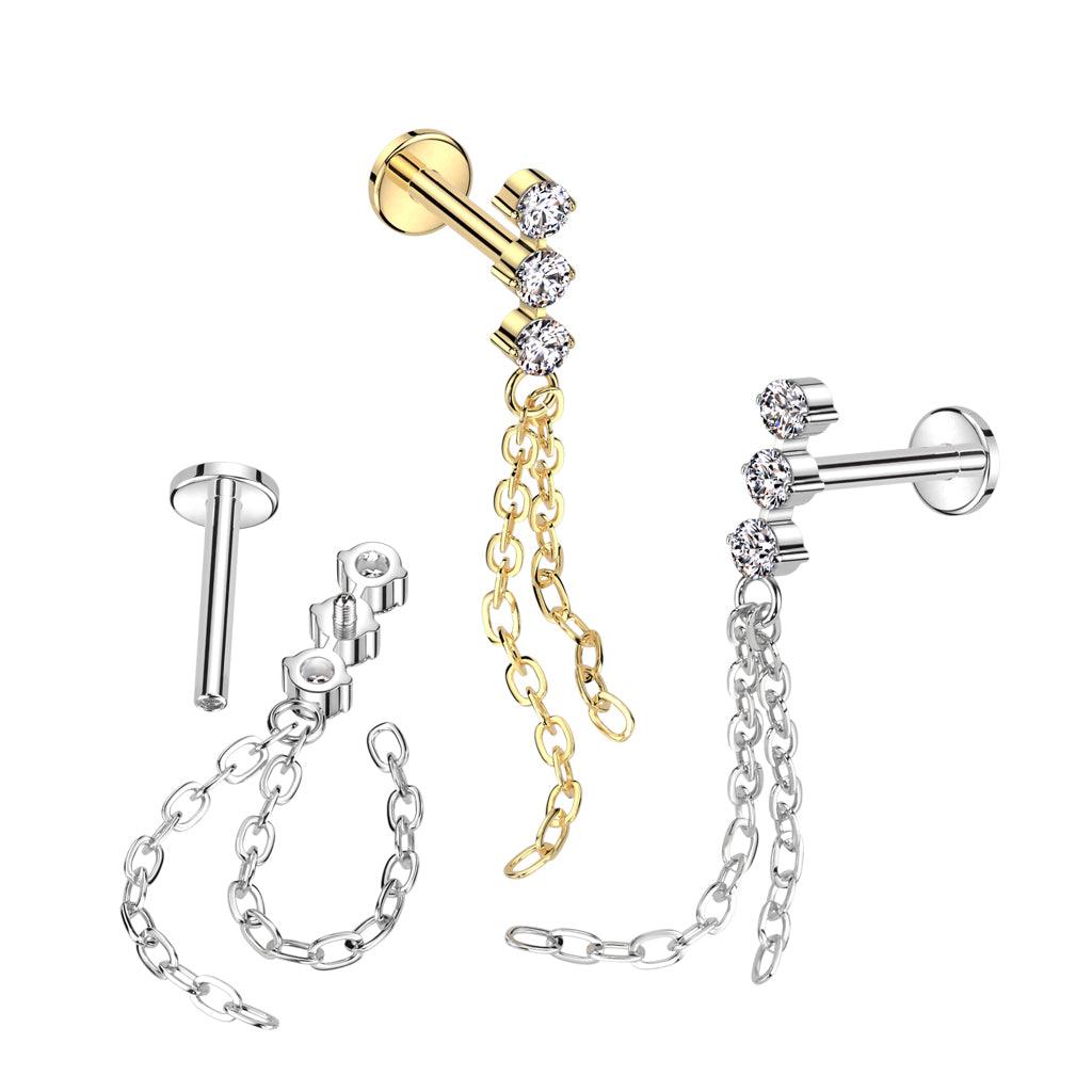 Rustokoru/traguskoru, CZ Chain Dangle in Gold -titaaninen labret