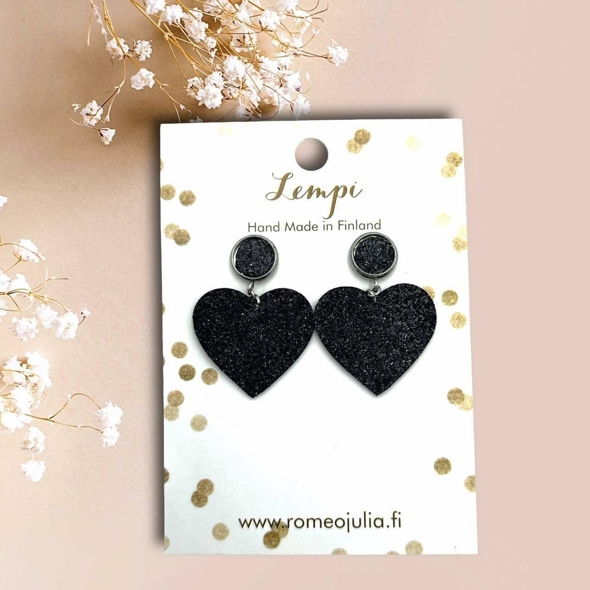 LEMPI® earrings, Heart (button, black glitter)