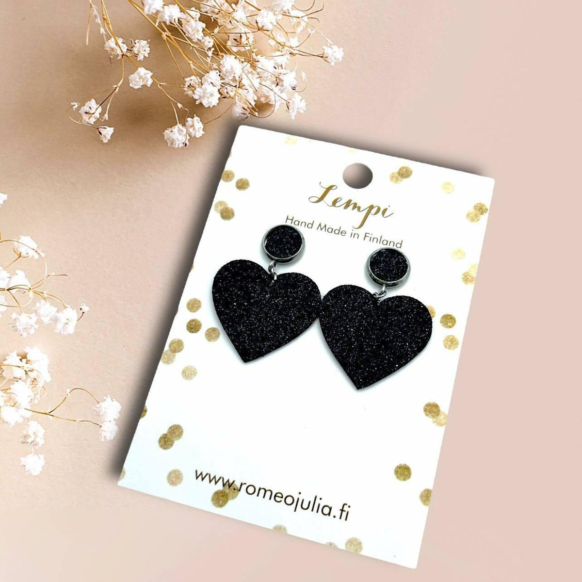 LEMPI® earrings, Heart (button, black glitter)