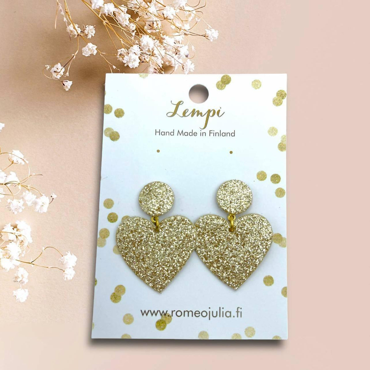 LEMPI® earrings, Hellä - sparkling gold heart earrings