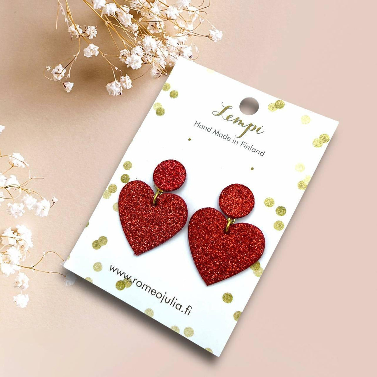 LEMPI® earrings, Hellä - sparkly red heart earrings